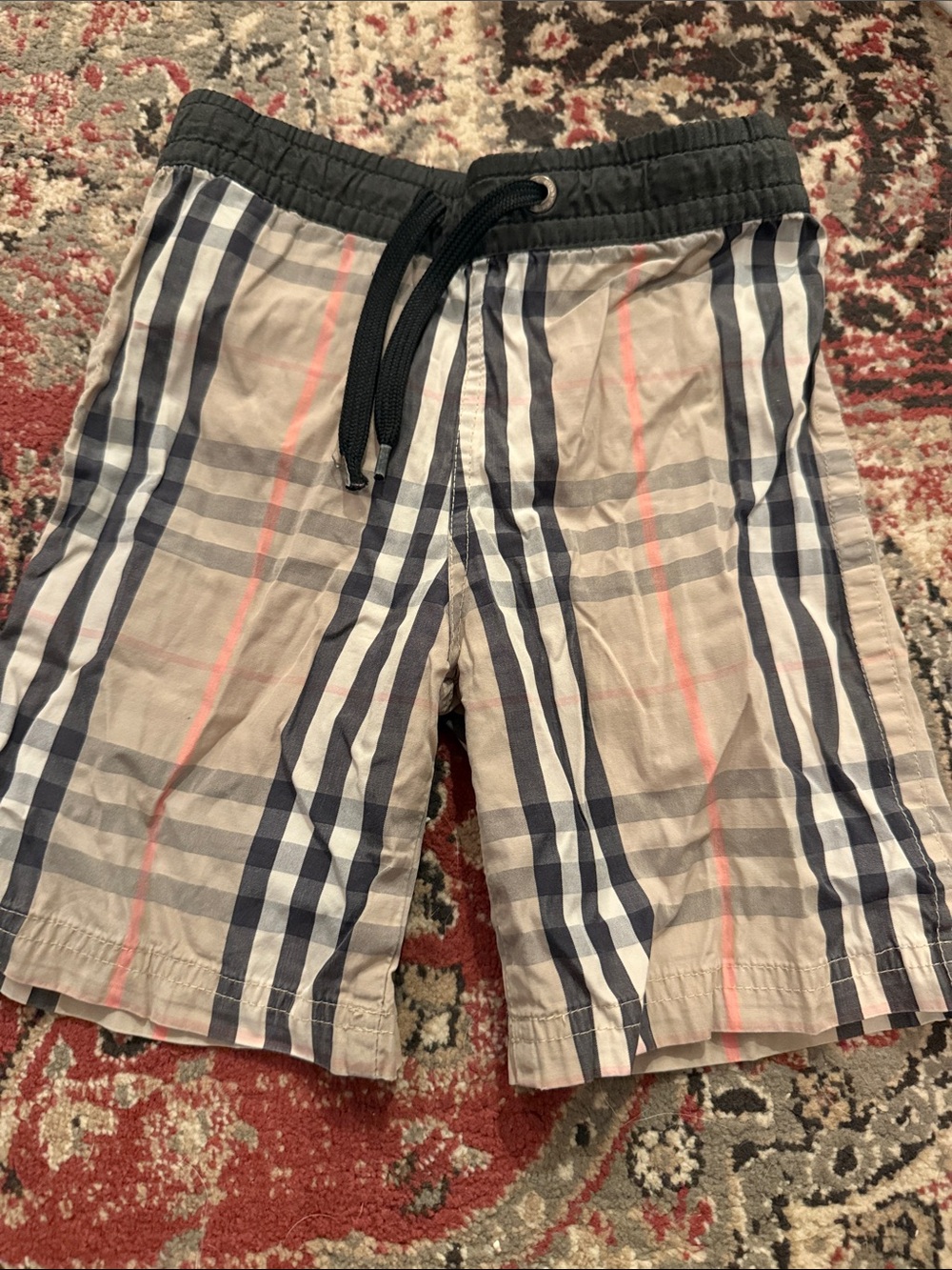 Burberry Beige Plaid Kids Swim Hybrids with Navy and Pink Stripes